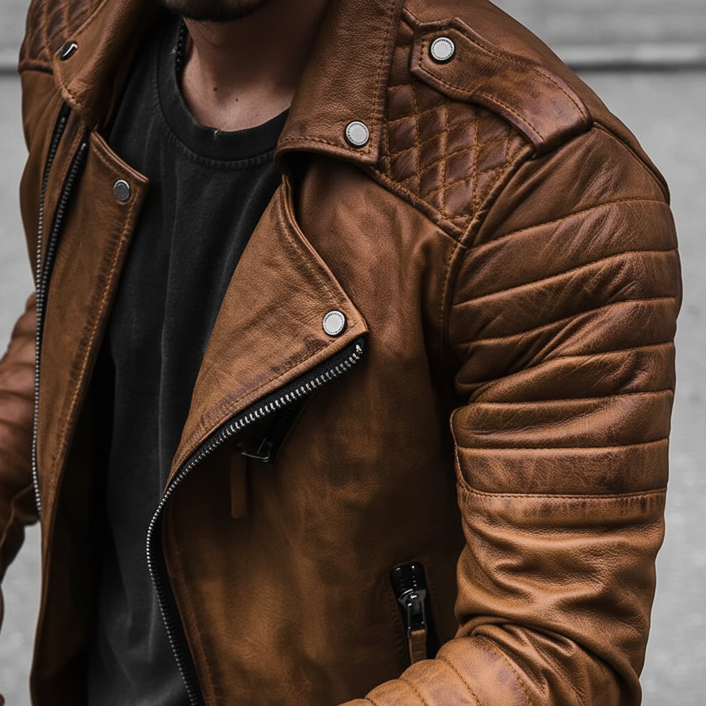Trendy men's vegan leather jacket, slim fit for casual autumn wear