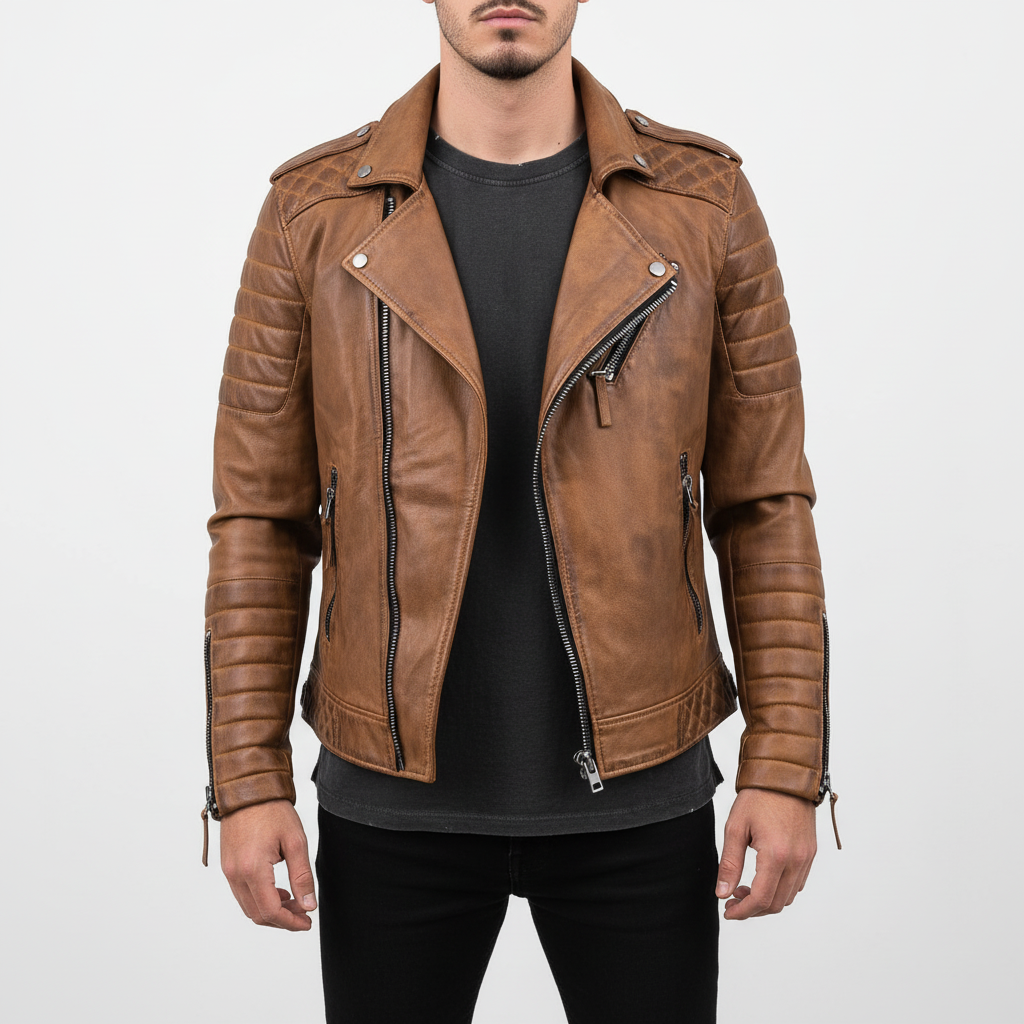 Close-up of men's black vegan leather biker jacket texture and zipper detail