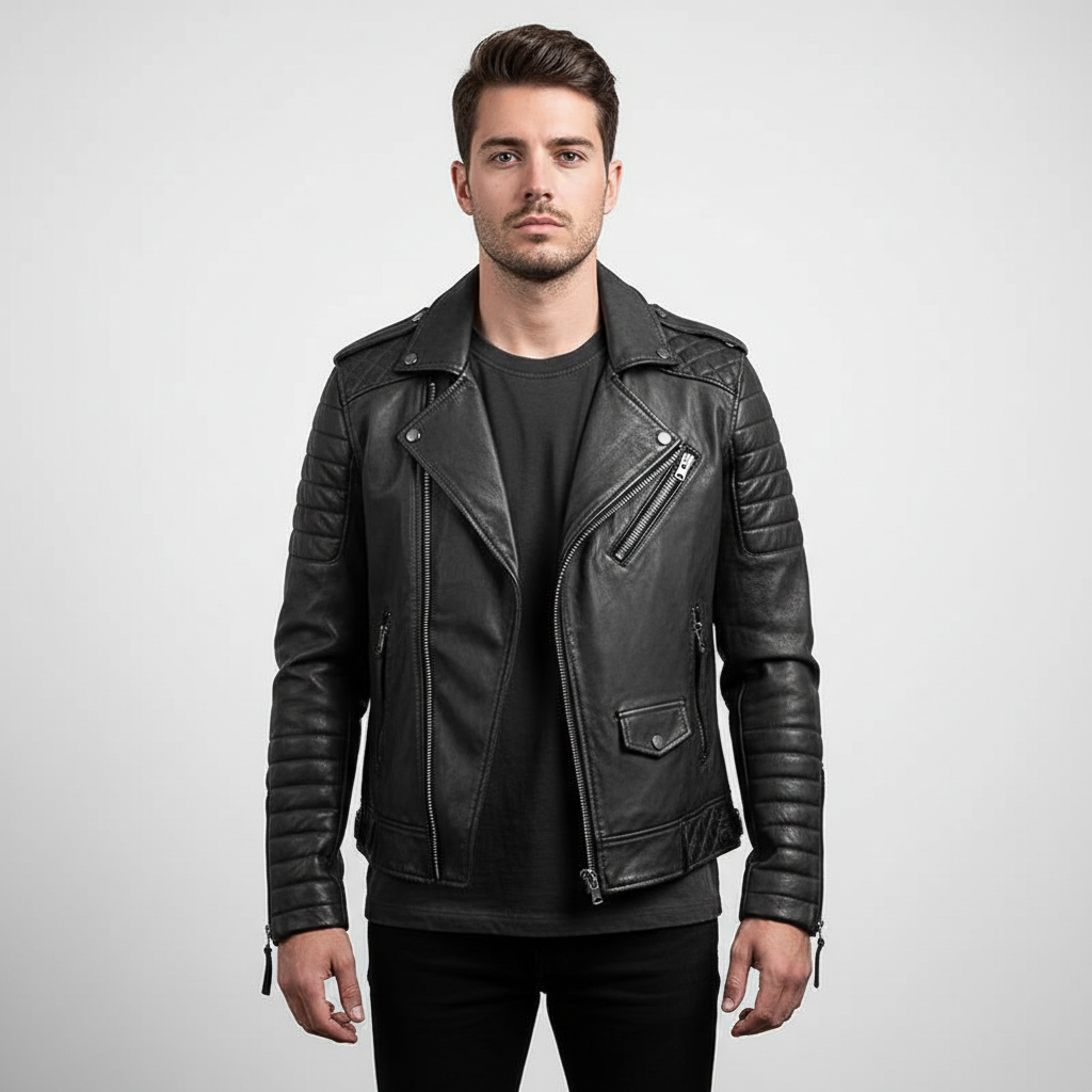 Men's classic black vegan leather biker jacket, perfect for winter coat collection