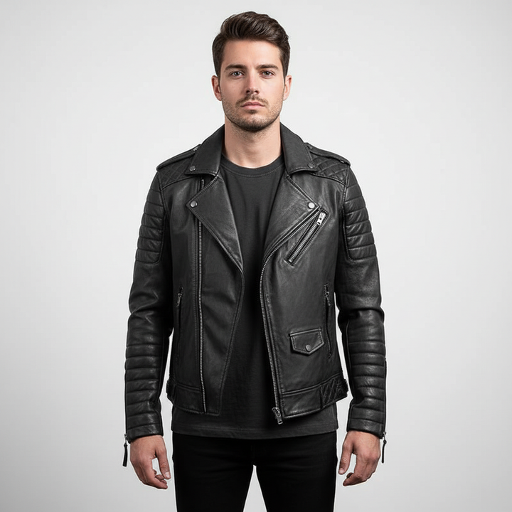 Men's classic black vegan leather biker jacket, perfect for winter coat collection