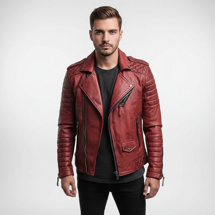 Full shot of a man wearing a slim fit vegan leather biker jacket, contemporary style