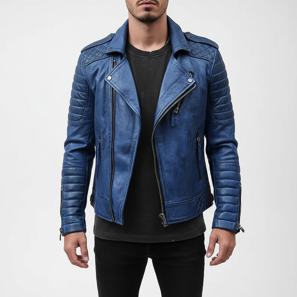 Men's outerwear: sleek black vegan leather biker jacket, ideal for trendy looks