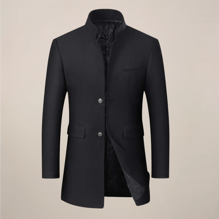 Men's slim fit winter coat with elegant stand collar, perfect for business casual and cold weather fashion.