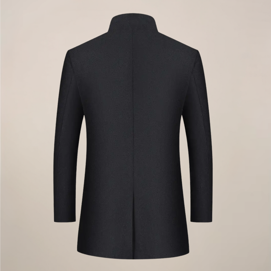 Stylish men's long trench coat, slim fit, with a classic stand collar for formal or business attire.