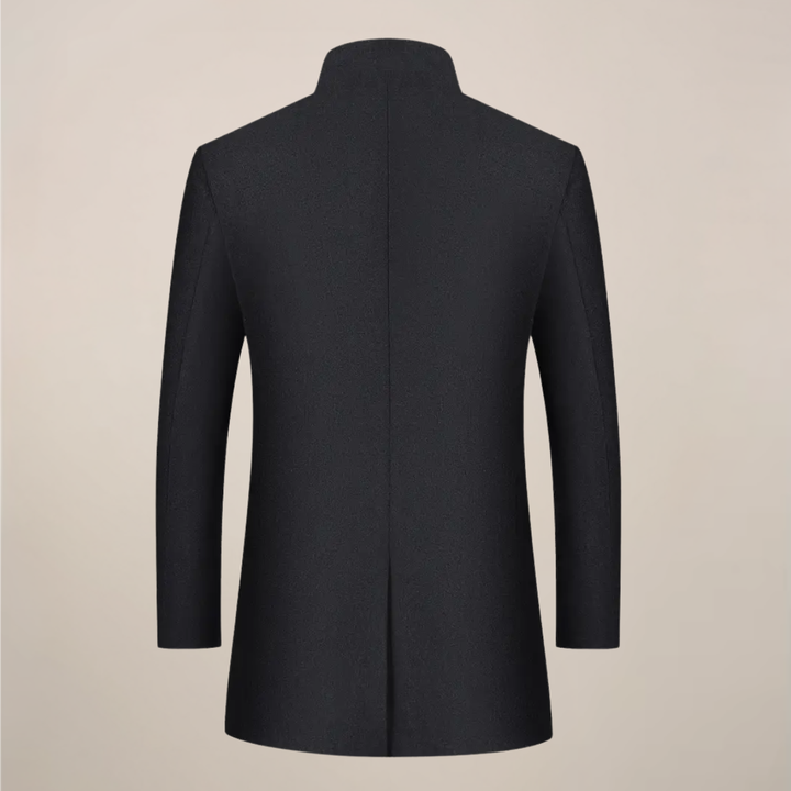 Stylish men's long trench coat, slim fit, with a classic stand collar for formal or business attire.