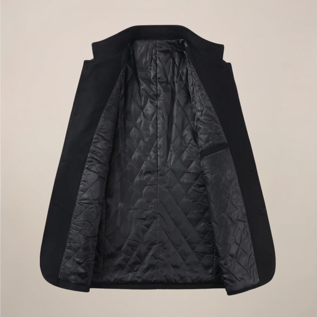 Warm men's slim fit winter jacket. Elegant stand collar design for stylish cold weather outerwear.