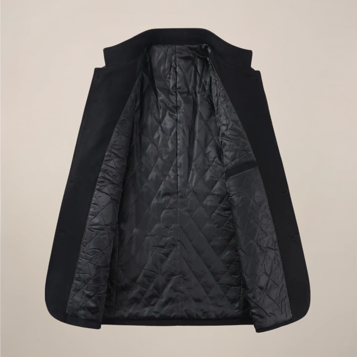 Warm men's slim fit winter jacket. Elegant stand collar design for stylish cold weather outerwear.