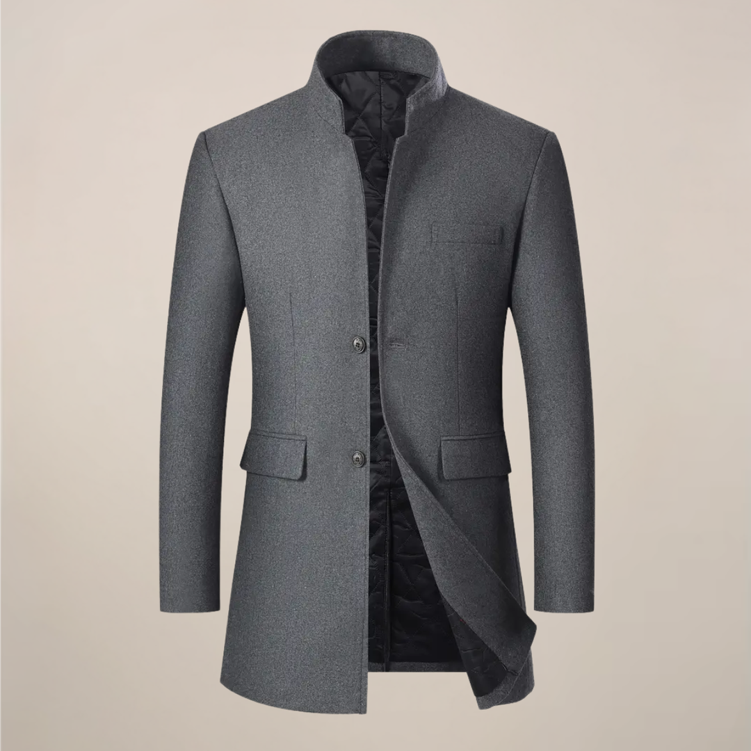 Modern men's slim fit stand collar jacket, a stylish winter coat for fashion-forward cold weather looks.