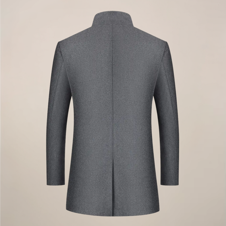 Elegant men's trench coat, slim fit, featuring a stand collar. A versatile winter jacket for business or casual.