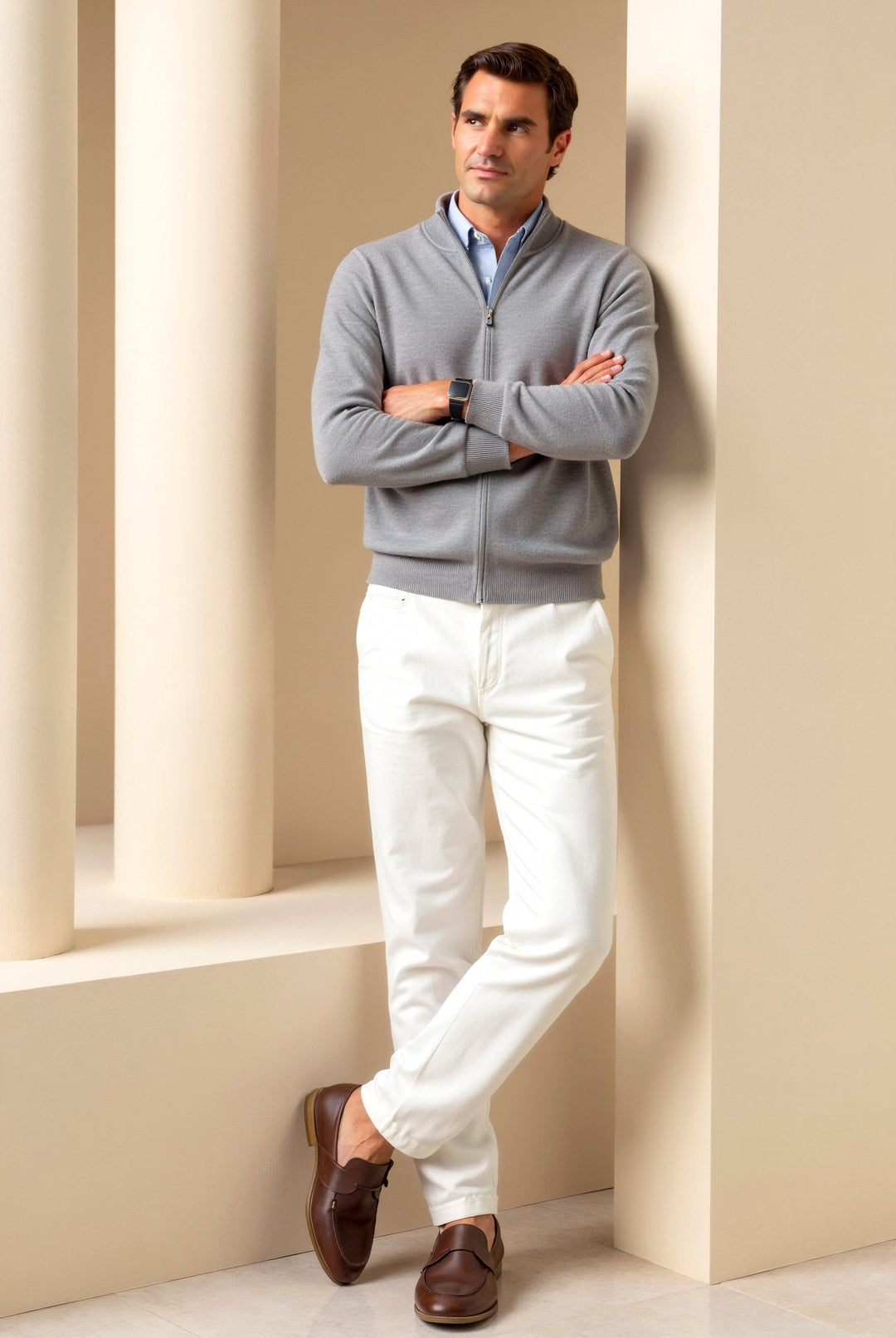 Modern men's slim fit zip-up jacket with stand collar. Stylish design for casual men's fashion.