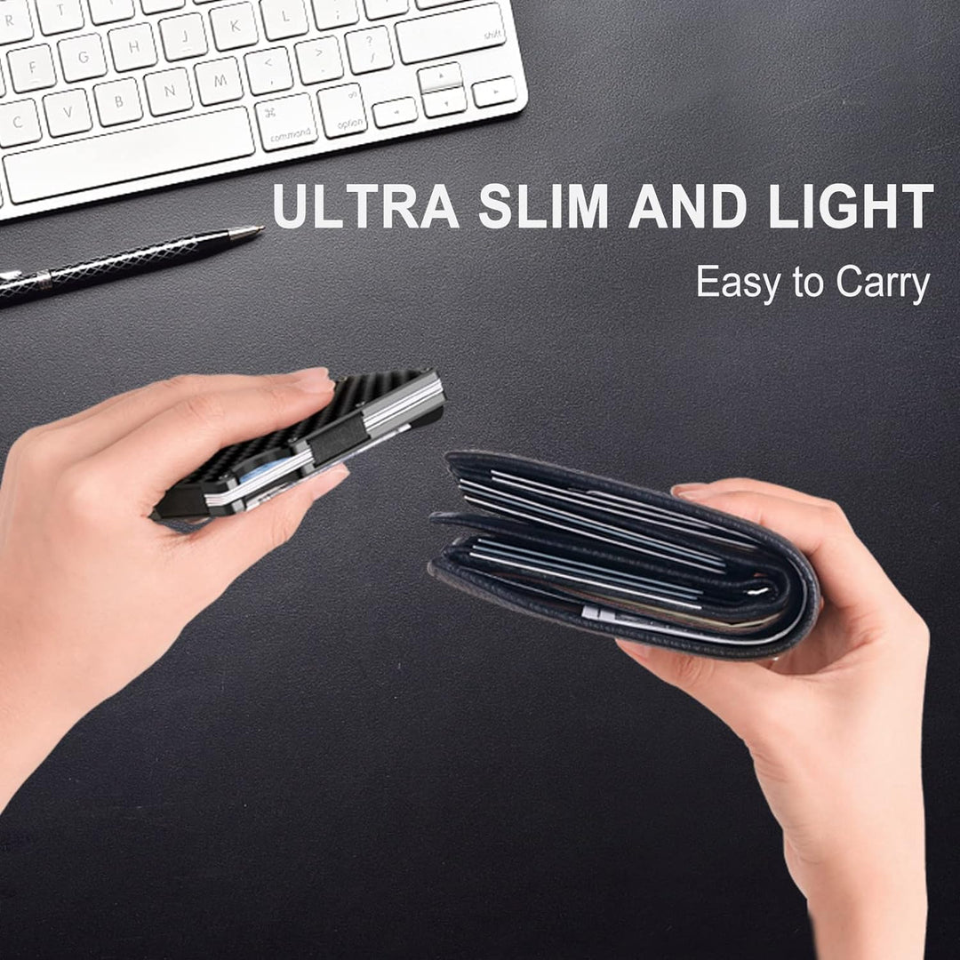 Carbon fiber slim wallet for men, offering RFID protection and a convenient money clip