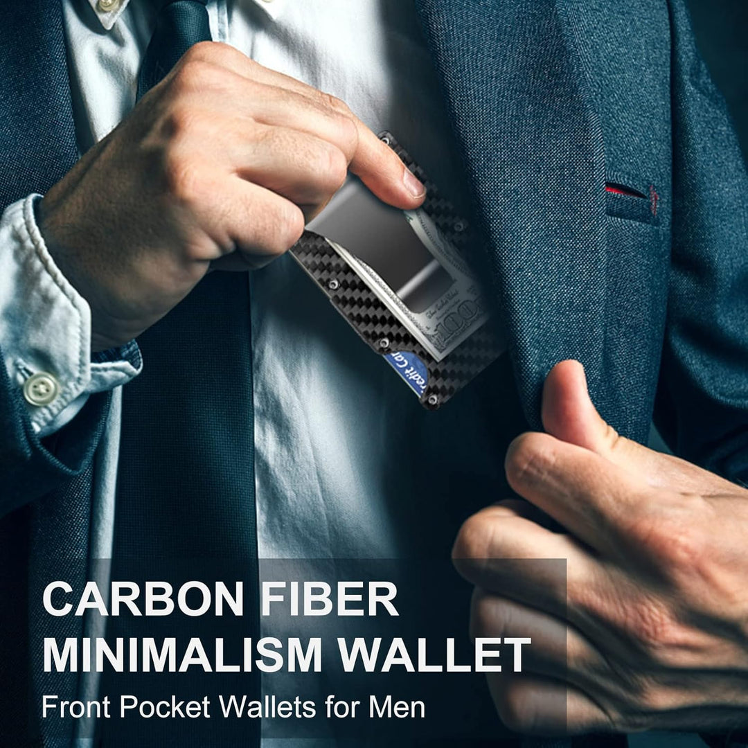 Compact men's RFID-blocking wallet in carbon fiber with an essential money clip