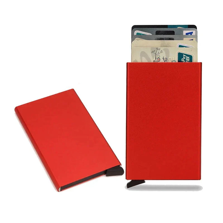 Texture close-up of a brushed metal RFID wallet, a durable men's card holder