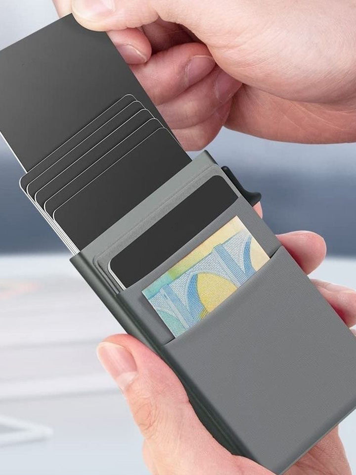 Side view of a thin metal RFID credit card holder, perfect for a men's front pocket