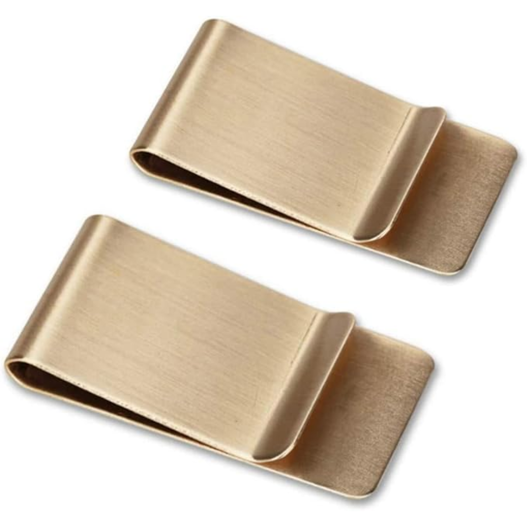 Men's slim stainless steel card holder and money clip set, minimalist design, front view with cards