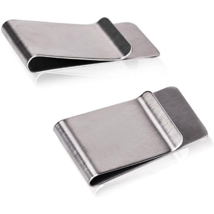 RazorHold men's stainless steel card holder and money clip set, elegant and compact, angle view