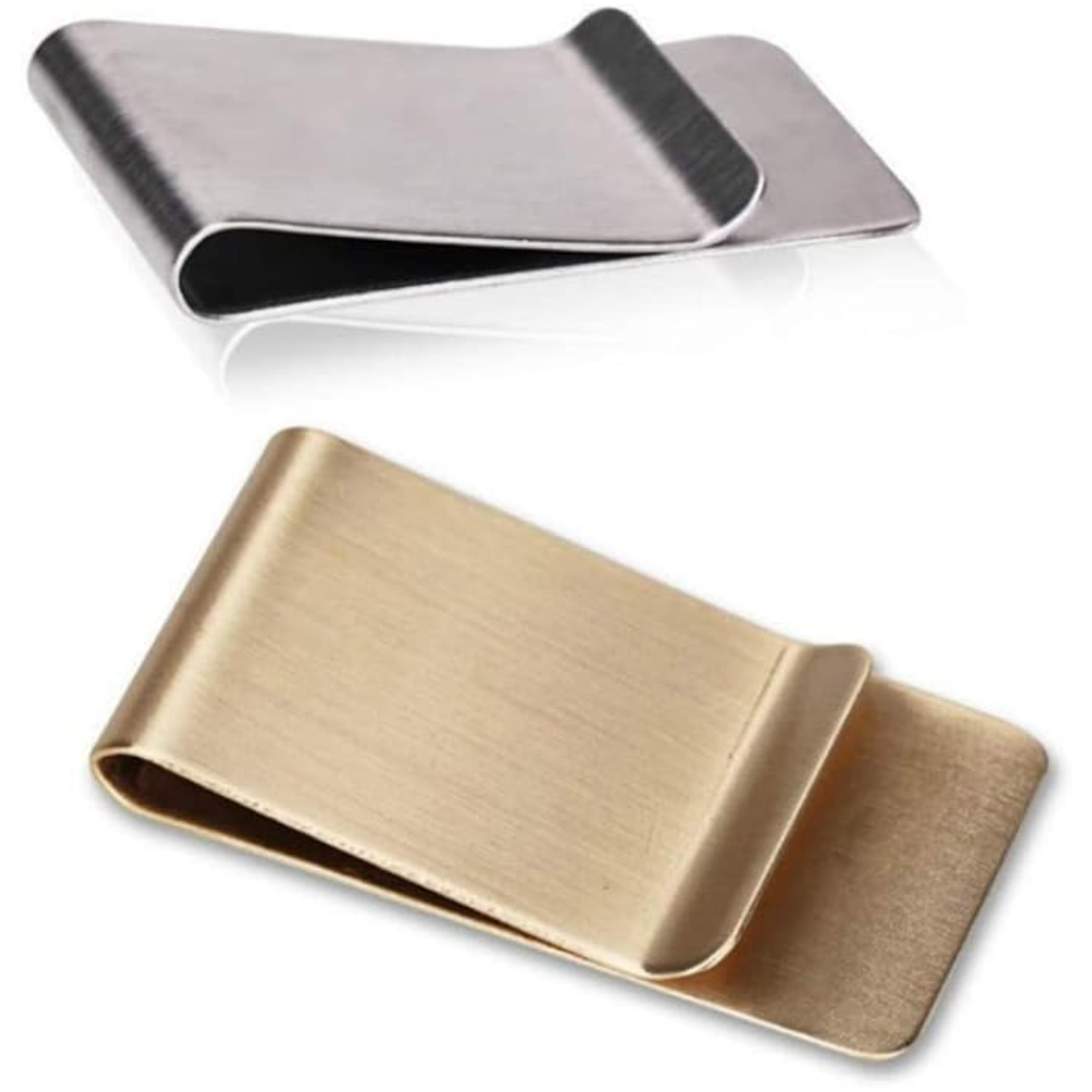 Two-piece RazorHold minimalist wallet set: slim stainless steel card holder and matching money clip