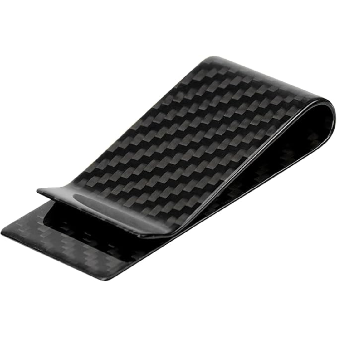 Close-up of a men's stainless steel card holder with cards and money clip holding banknotes