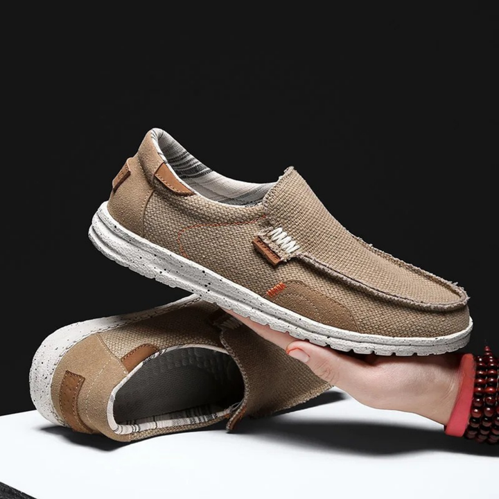 Khaki men's slip-on loafers, comfortable and lightweight for summer casual style.