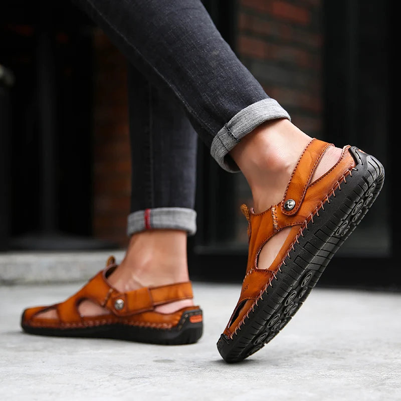 Breathable fabric men's slip-on sandals with cushioned arch support & closed-toe for daily casual comfort.