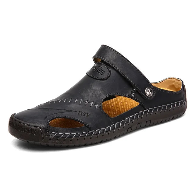 Men's durable slip-on sandals: closed-toe, breathable, cushioned, with arch support & adjustable strap for comfort.