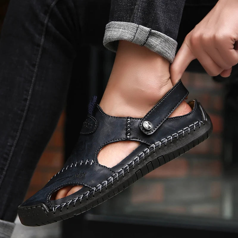 Comfortable men's slip-on sandals with breathable closed-toe design & cushioning; ideal for summer daily wear.