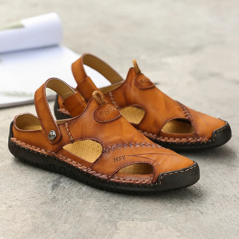 Side view: men's breathable closed-toe slip-on sandals with cushioned sole & arch support, perfect for daily wear.