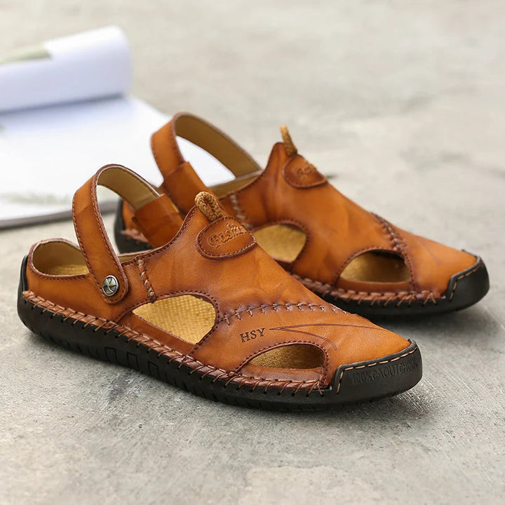 Side view: men's breathable closed-toe slip-on sandals with cushioned sole & arch support, perfect for daily wear.