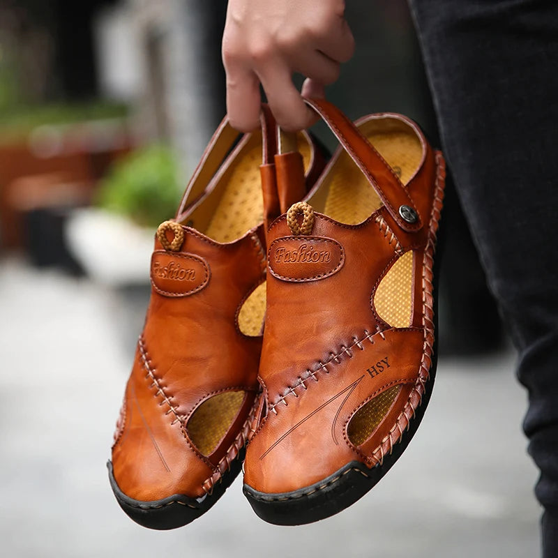 Man wearing comfortable slip-on closed-toe sandals, ideal for summer daily walking & outdoor activities.