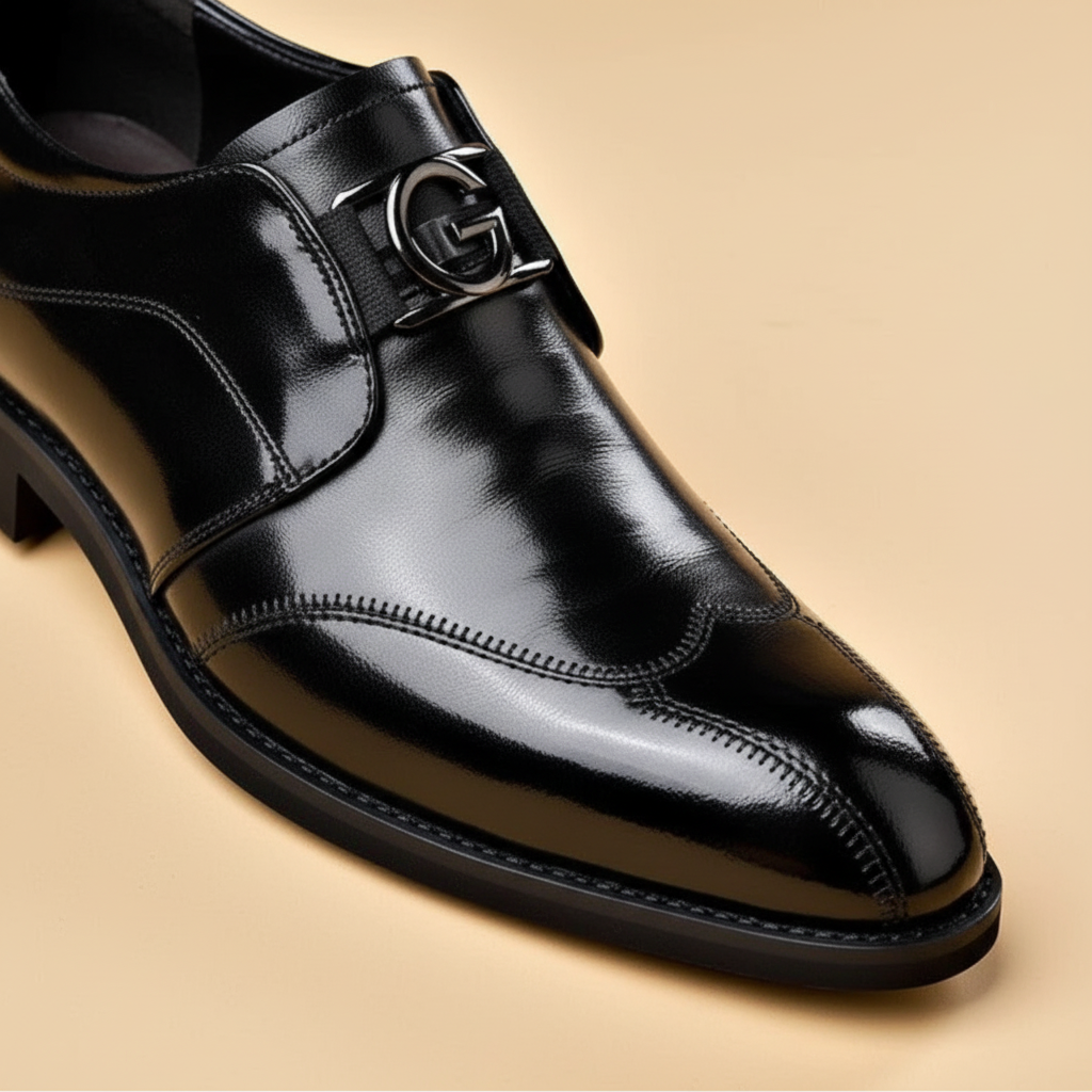 Sophisticated men's slip-on dress shoes with a shiny black leather look, Sidney design formal