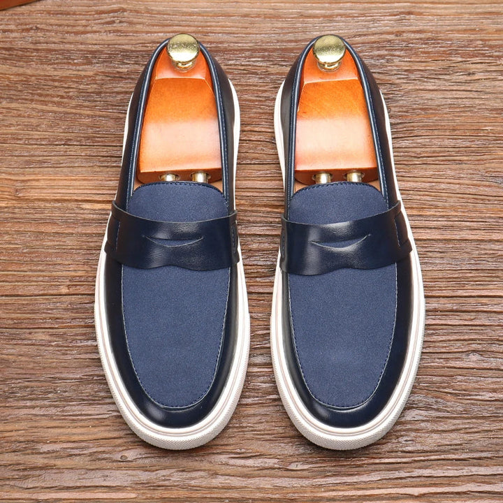 Detailed view of men's slip-on loafers, highlighting their comfortable design and elegant style.