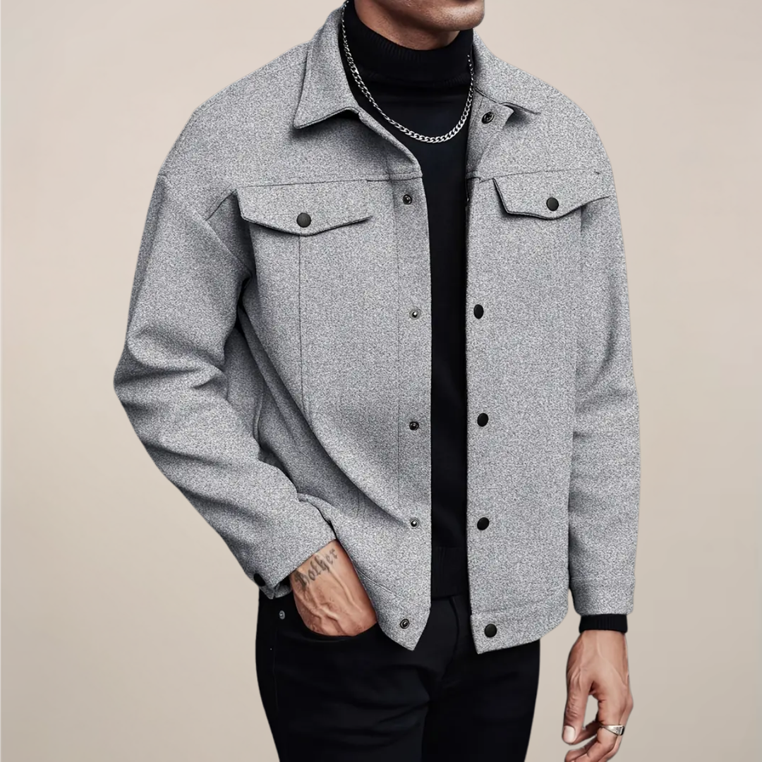 Modern men's smart casual outerwear jacket with button-up front, great for cool weather layering.