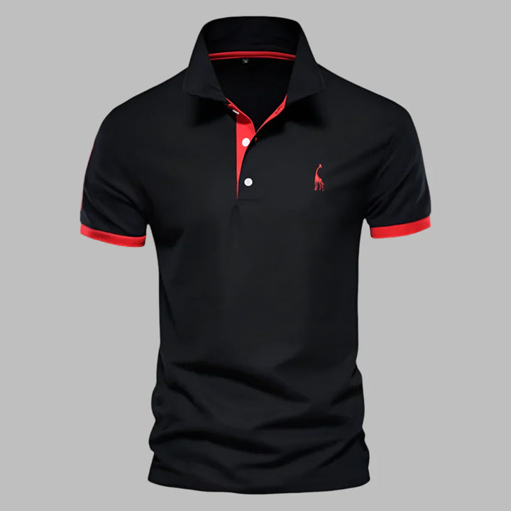 Classic men's short-sleeve polo shirt featuring a modern contrast trim on collar & cuffs.