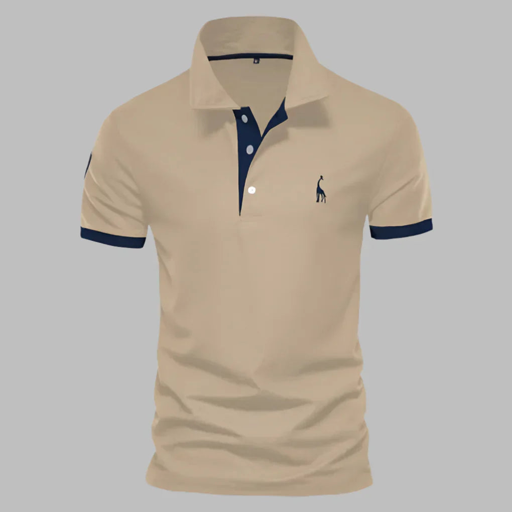 Close-up of men's smart polo shirt showing detailed contrast trim on collar and placket.