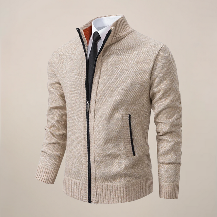 Men's smart casual zip-up cardigan in a classic style, perfect for everyday elegance and versatile layering.