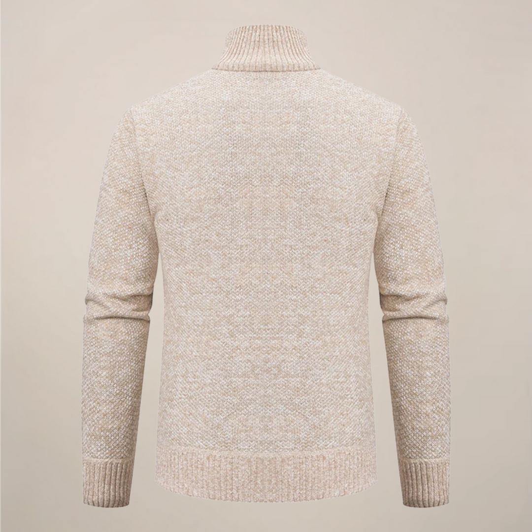 Elegant men's long-sleeve zip-up cardigan with a stylish stand collar for a refined smart casual look.