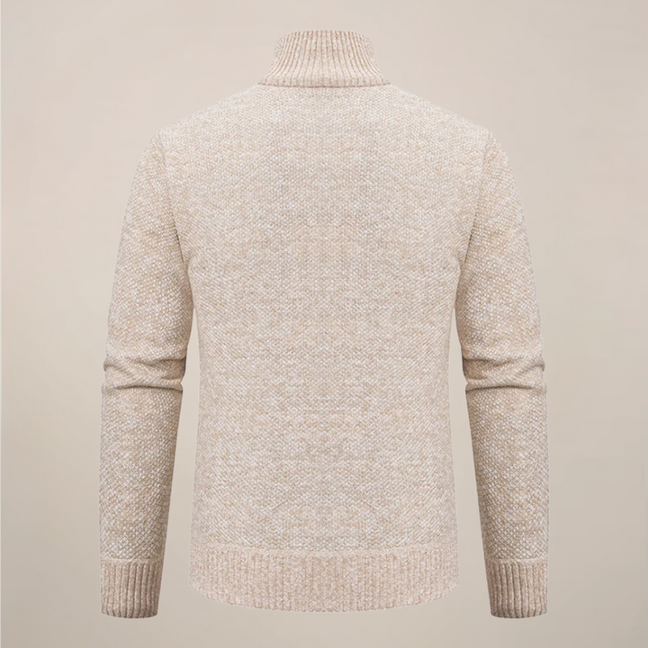 Elegant men's long-sleeve zip-up cardigan with a stylish stand collar for a refined smart casual look.