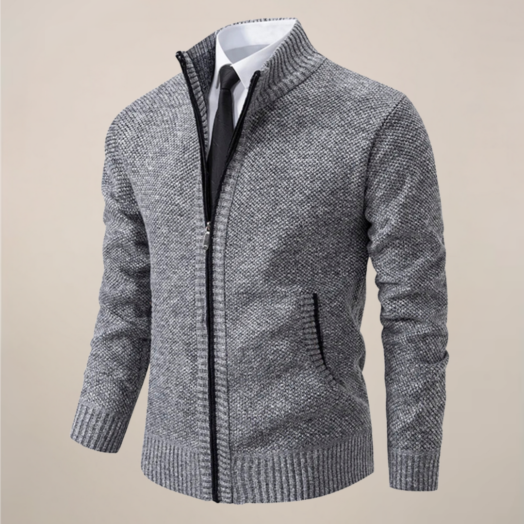 Versatile men's zip-up cardigan, ideal for everyday wear and effortless layering in smart casual men's fashion.