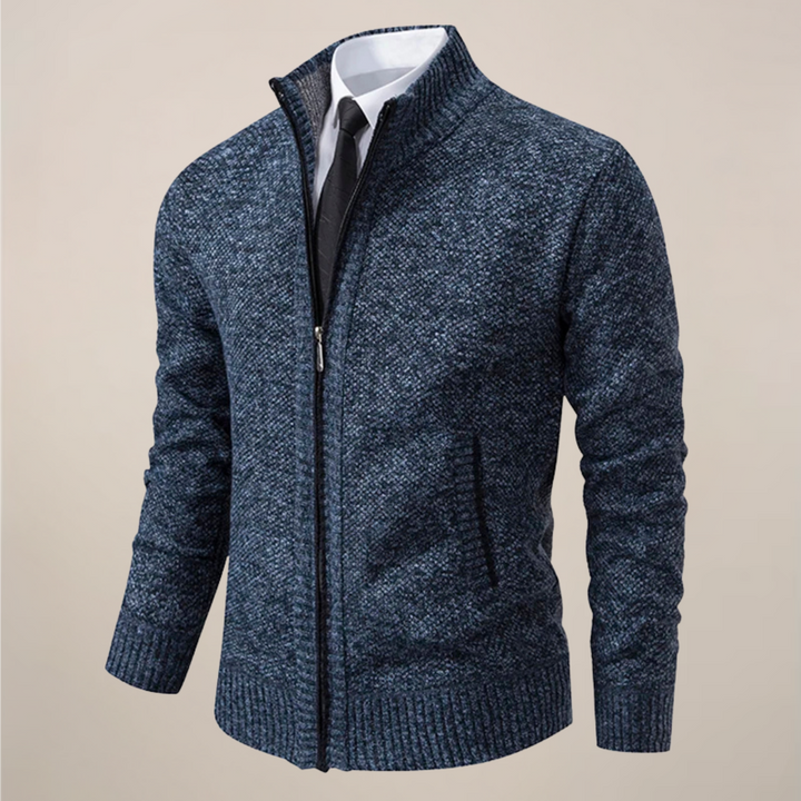 Classic men's zip-up cardigan with a sophisticated stand collar, offering timeless style and smart casual appeal.