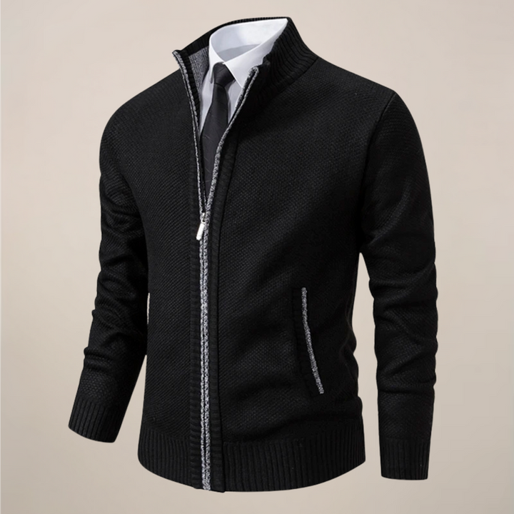 Modern men's smart casual cardigan, a long-sleeve zip-up design for comfort and everyday elegance.