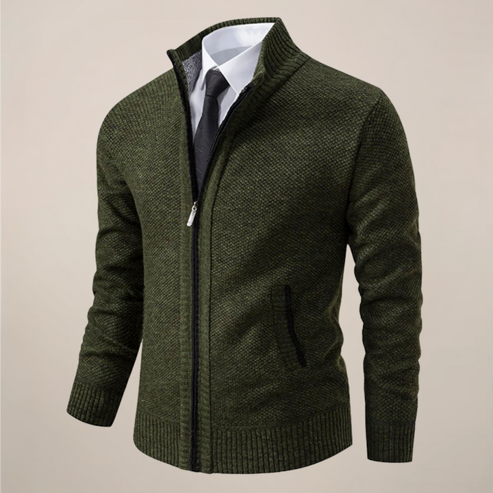 Stylish men's zip-up cardigan, perfect for layering over a shirt to create a smart casual outfit.