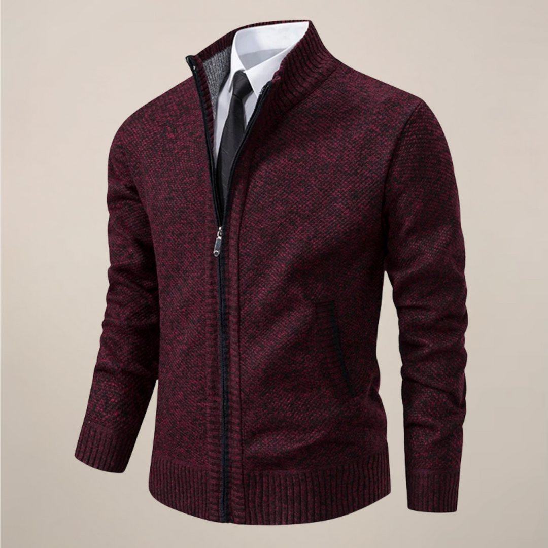 High-quality men's long-sleeve cardigan, featuring a practical zip-up front and elegant stand collar for daily wear.