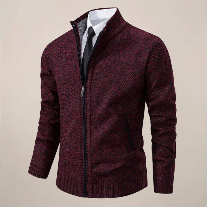 High-quality men's long-sleeve cardigan, featuring a practical zip-up front and elegant stand collar for daily wear.