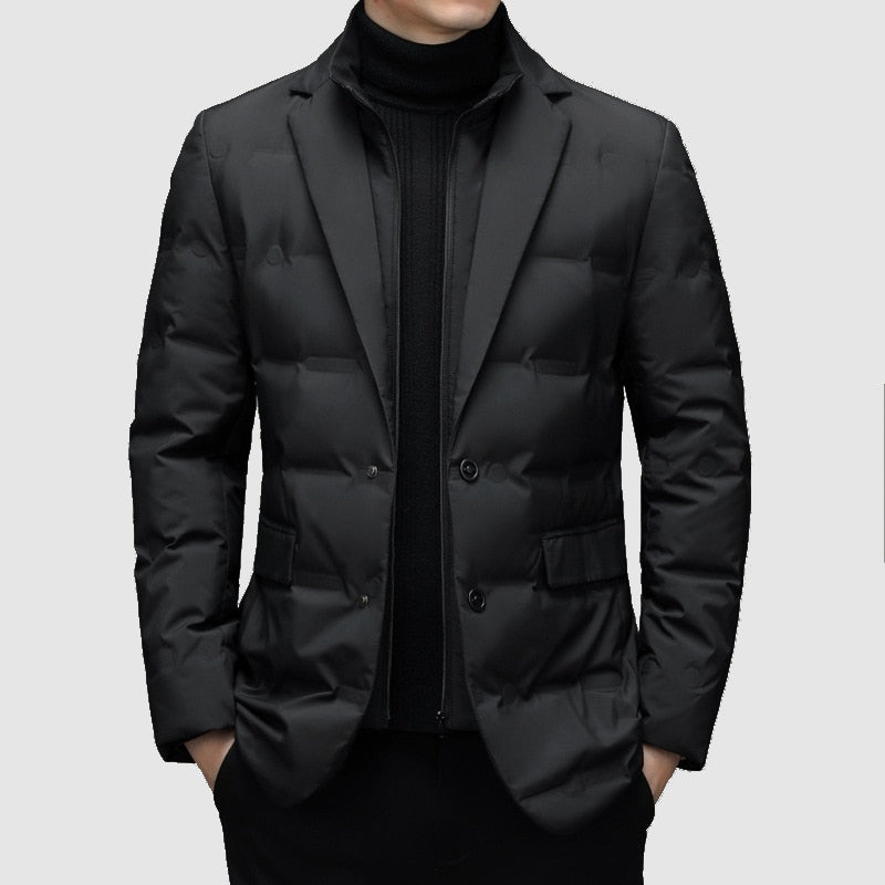Men's smart padded jacket with modern notch lapels, ideal for stylish formal or business casual winter outerwear.