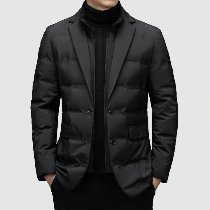 Men's smart padded jacket with modern notch lapels, ideal for stylish formal or business casual winter outerwear.