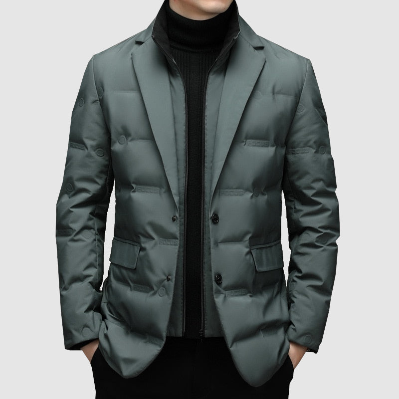 Black men's padded jacket featuring elegant notch lapels, perfect smart outerwear for cold weather & stylish layering.