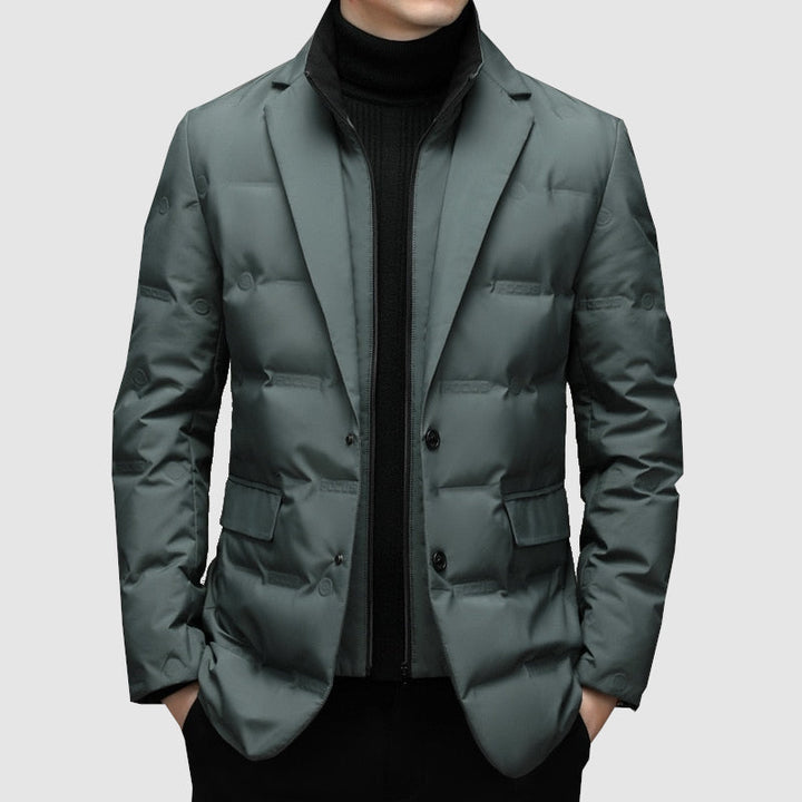 Black men's padded jacket featuring elegant notch lapels, perfect smart outerwear for cold weather & stylish layering.