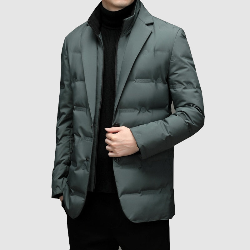 Stylish men's smart padded jacket with notch lapels. Versatile for formal or business casual winter fashion. Grey option.