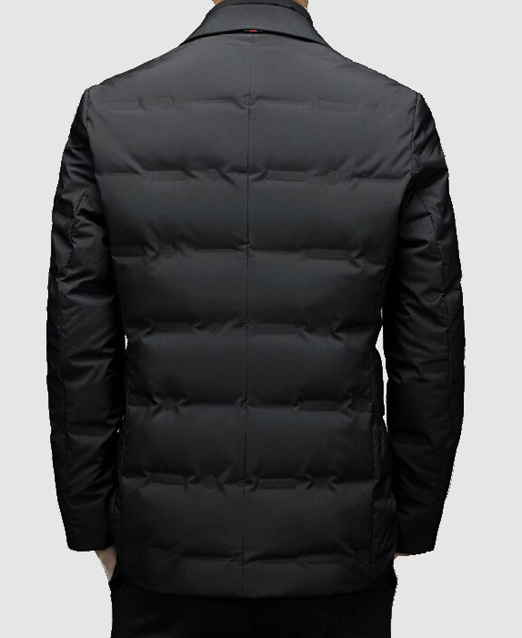 Modern men's smart padded jacket with sophisticated notch lapels, offering warmth & style for business or casual outfits.