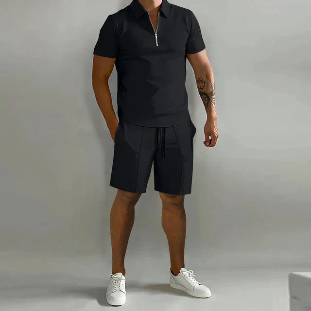 Stylish men's summer apparel - matching zipper polo & shorts. Breathable & comfortable for warm weather.